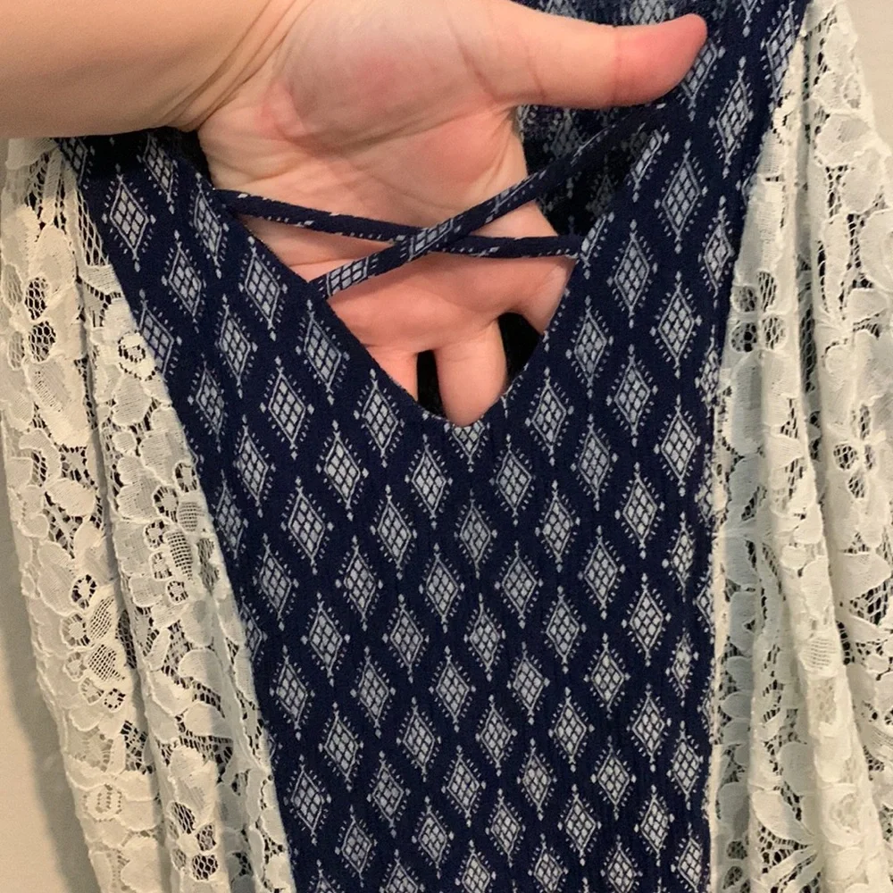 Navy blue and cream womens tank top with lace detail - Picture 4 of 4